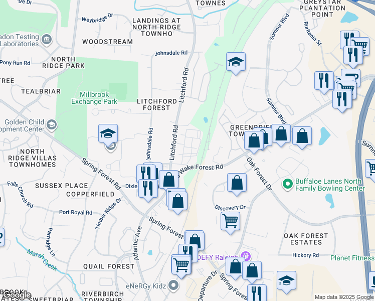 map of restaurants, bars, coffee shops, grocery stores, and more near 2504 Sylvia Dean Street in Raleigh