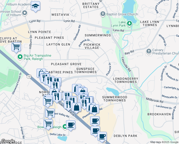 map of restaurants, bars, coffee shops, grocery stores, and more near 4325 Sunscape Lane in Raleigh