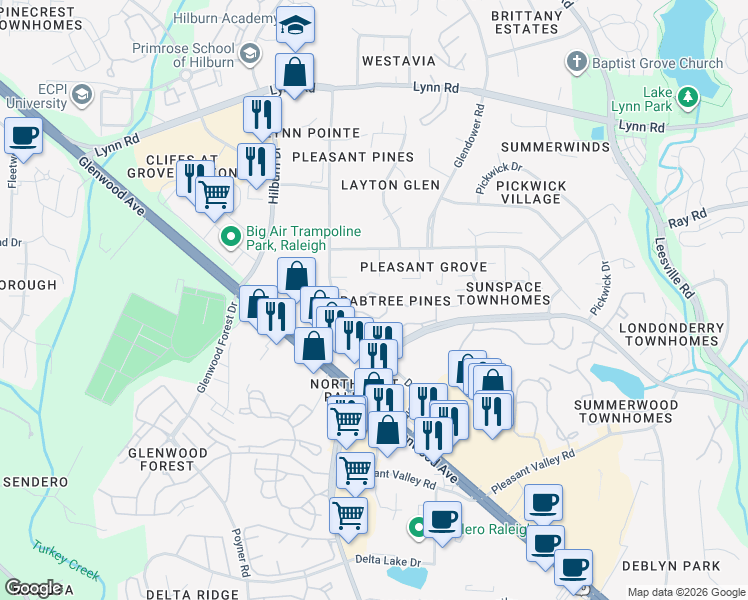 map of restaurants, bars, coffee shops, grocery stores, and more near 6402 Rosny Road in Raleigh