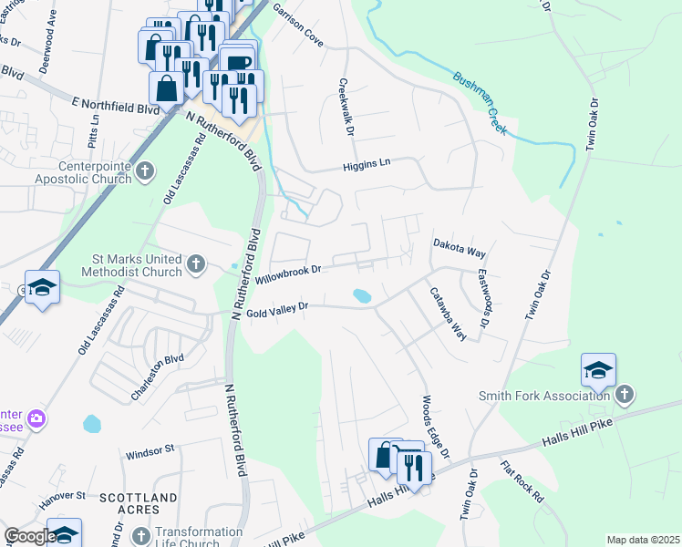 map of restaurants, bars, coffee shops, grocery stores, and more near 116 Willowbrook Drive in Murfreesboro