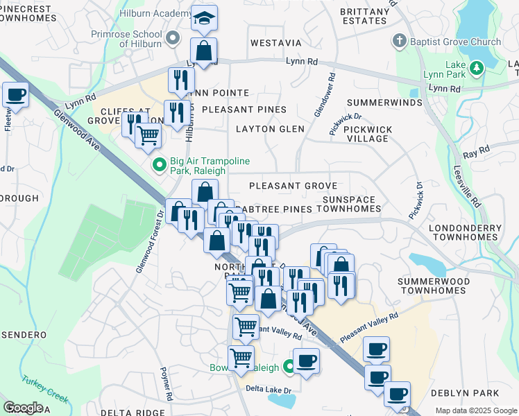 map of restaurants, bars, coffee shops, grocery stores, and more near 4505 Still Pines Drive in Raleigh
