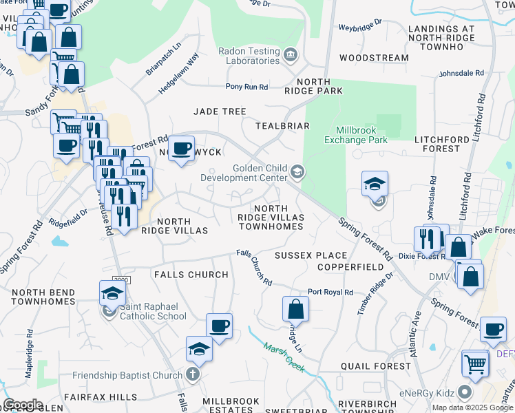 map of restaurants, bars, coffee shops, grocery stores, and more near 1532 Edgeside Court in Raleigh