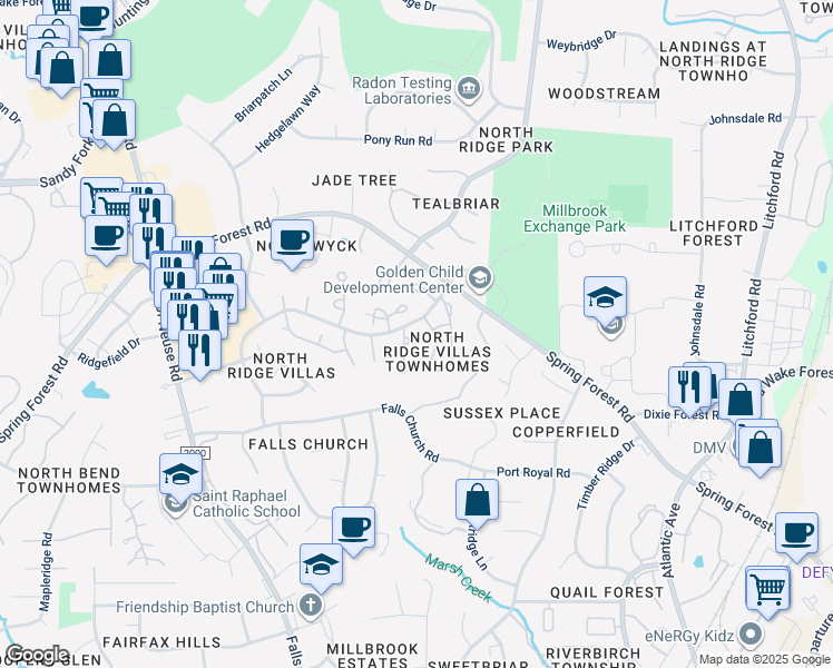 map of restaurants, bars, coffee shops, grocery stores, and more near 1532 Edgeside Court in Raleigh