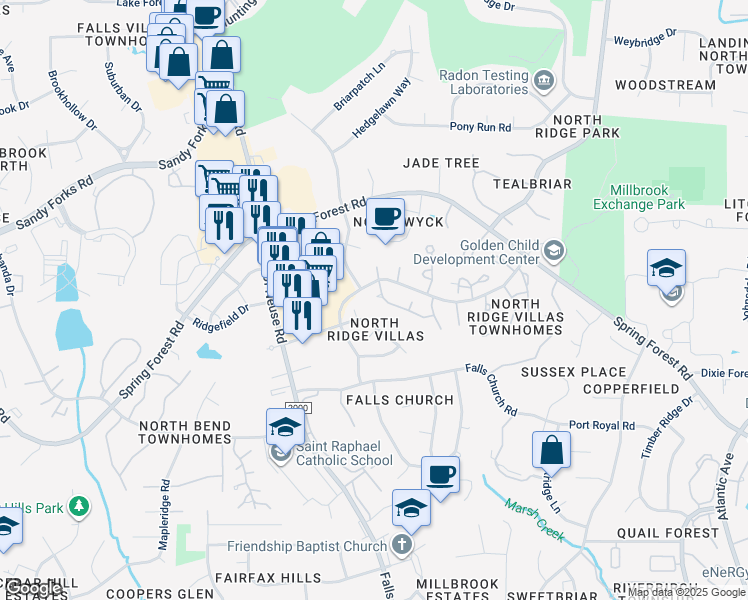 map of restaurants, bars, coffee shops, grocery stores, and more near 6212 Fountainhead Drive in Raleigh