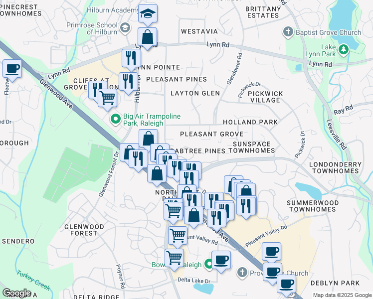 map of restaurants, bars, coffee shops, grocery stores, and more near 6402 Rosny Road in Raleigh
