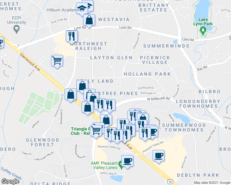 map of restaurants, bars, coffee shops, grocery stores, and more near 6316 Pleasant Creek Court in Raleigh