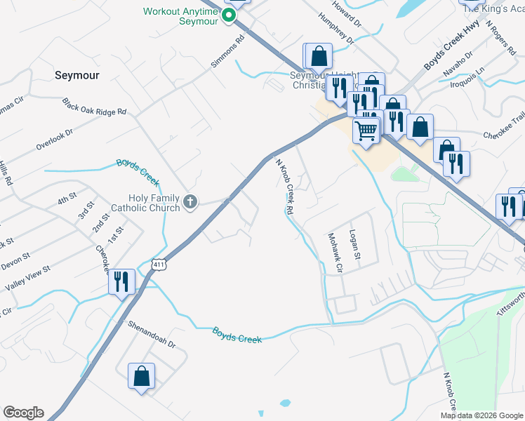 map of restaurants, bars, coffee shops, grocery stores, and more near 114 Colonial Circle in Seymour