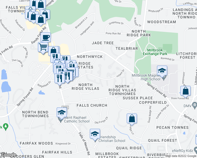 map of restaurants, bars, coffee shops, grocery stores, and more near 1427 Mapleside Court in Raleigh
