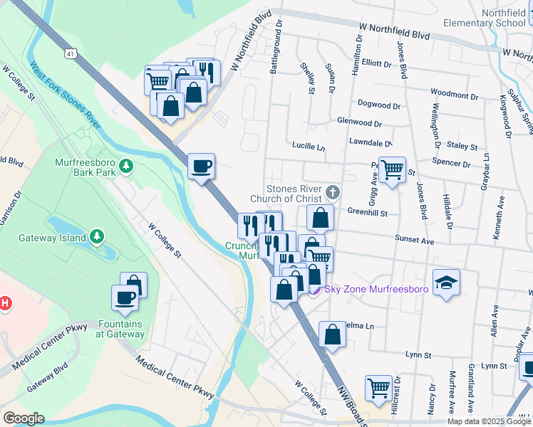 map of restaurants, bars, coffee shops, grocery stores, and more near 1515 Monte Hale Drive in Murfreesboro