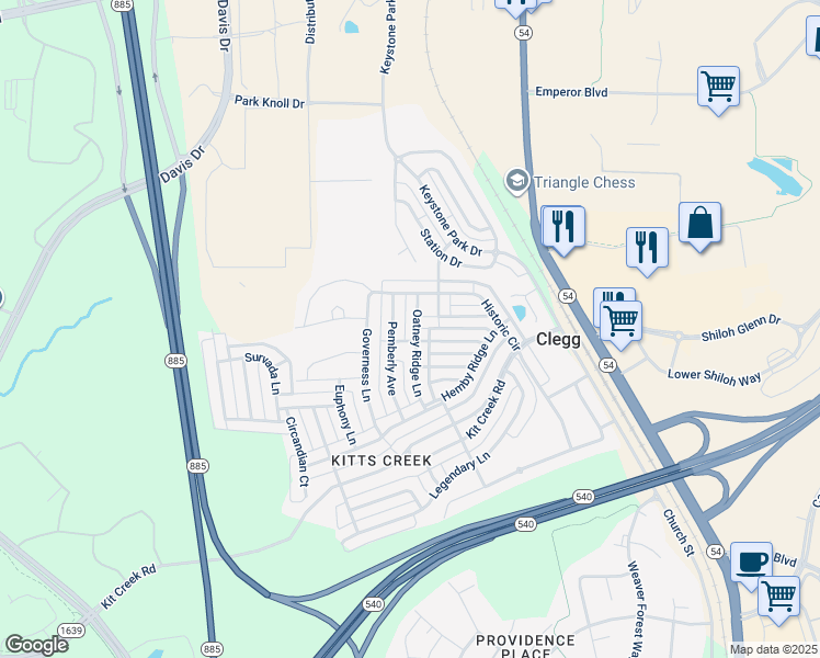 map of restaurants, bars, coffee shops, grocery stores, and more near 1209 Oatney Ridge Lane in Morrisville