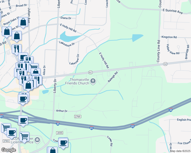map of restaurants, bars, coffee shops, grocery stores, and more near 211 Buckingham Lane in Thomasville