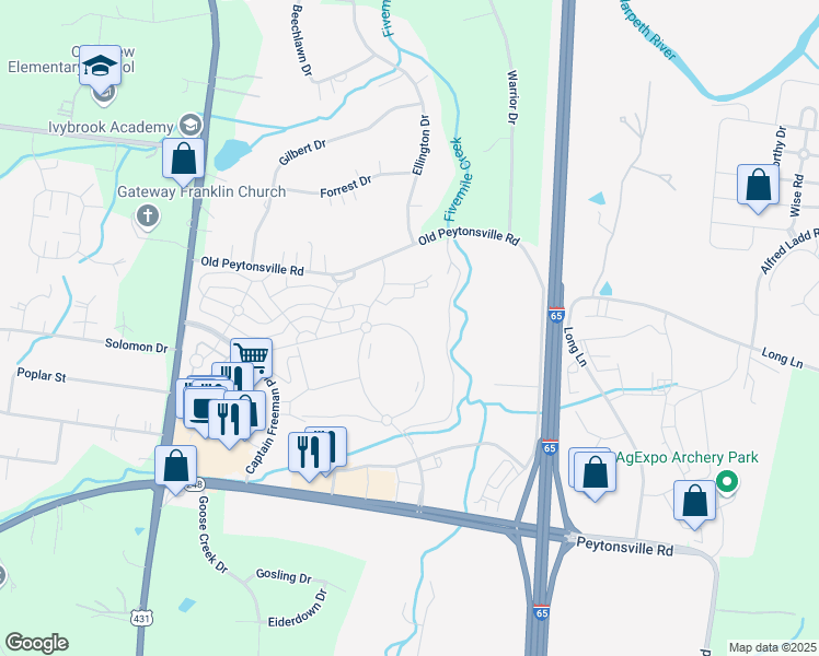 map of restaurants, bars, coffee shops, grocery stores, and more near 4017 Rural Plains Circle in Franklin