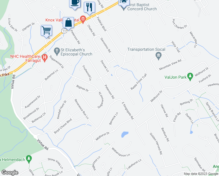 map of restaurants, bars, coffee shops, grocery stores, and more near 320 Peterson Road in Knoxville