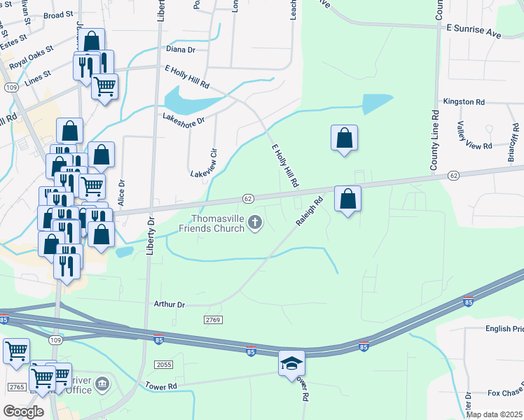 map of restaurants, bars, coffee shops, grocery stores, and more near 211 Buckingham Lane in Thomasville