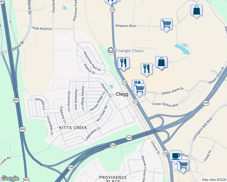map of restaurants, bars, coffee shops, grocery stores, and more near 1025 Brennan Green Court in Morrisville