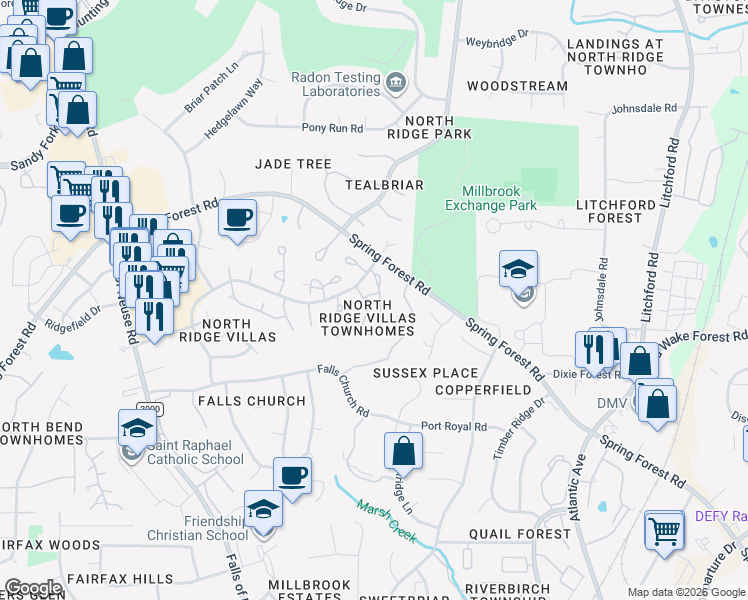 map of restaurants, bars, coffee shops, grocery stores, and more near 1618 Budwood Drive in Raleigh