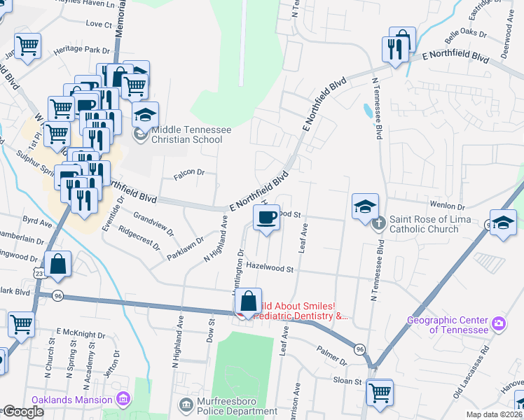 map of restaurants, bars, coffee shops, grocery stores, and more near 1710 Huntwood Street in Murfreesboro