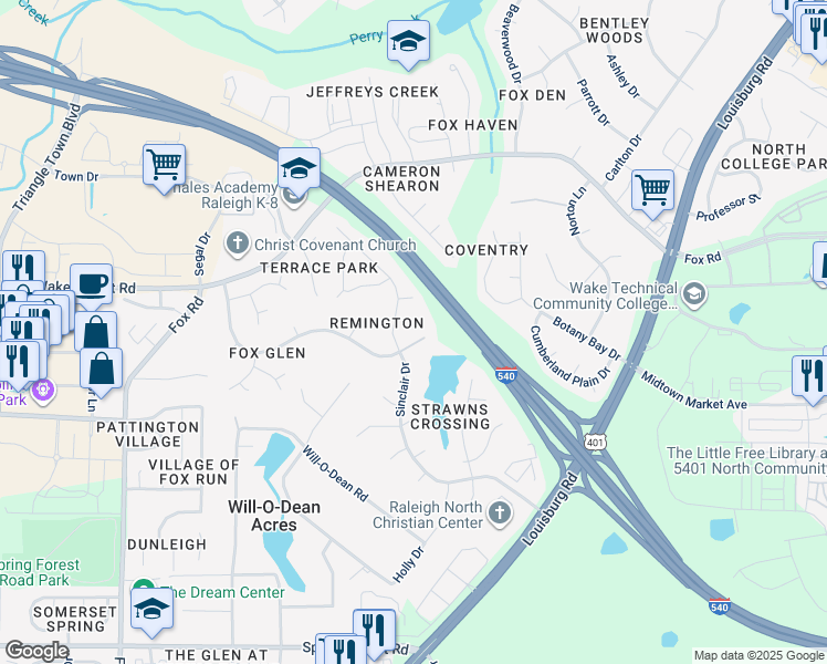 map of restaurants, bars, coffee shops, grocery stores, and more near 5009 Bivens Drive in Raleigh