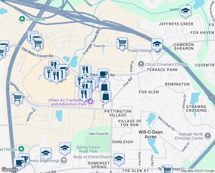 map of restaurants, bars, coffee shops, grocery stores, and more near 7900 Old Wake Forest Road in Raleigh