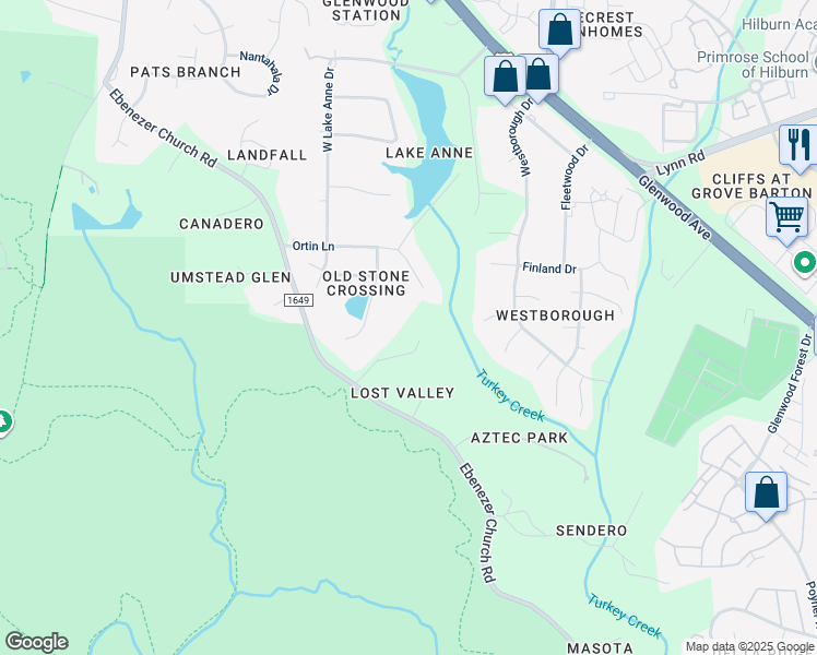 map of restaurants, bars, coffee shops, grocery stores, and more near 8009 Ortin Lane in Raleigh