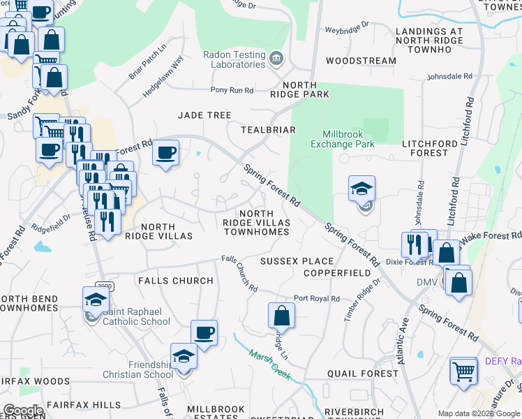 map of restaurants, bars, coffee shops, grocery stores, and more near 1618 Budwood Drive in Raleigh