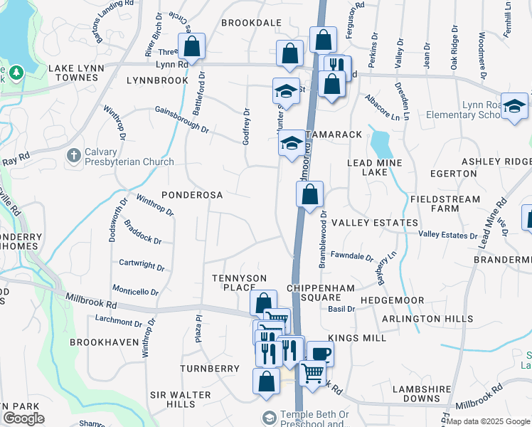 map of restaurants, bars, coffee shops, grocery stores, and more near 6017 Jeffreys Grove School Road in Raleigh