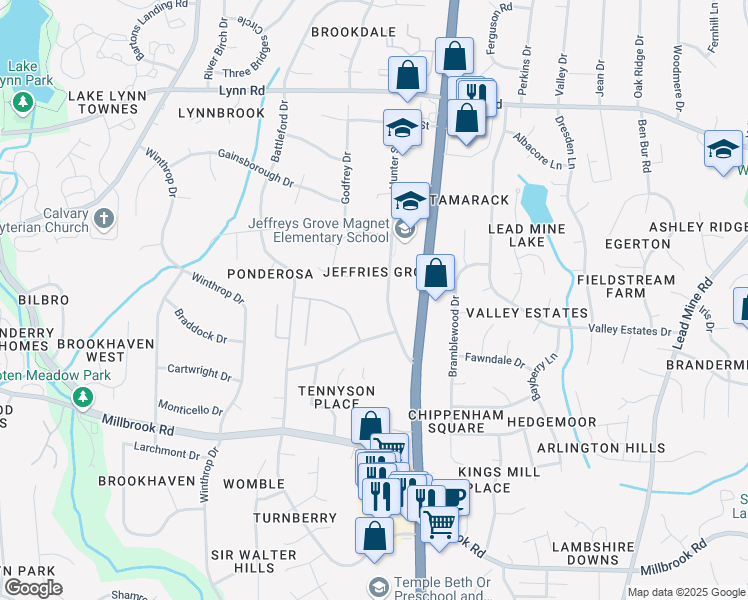 map of restaurants, bars, coffee shops, grocery stores, and more near 6017 Jeffreys Grove School Road in Raleigh