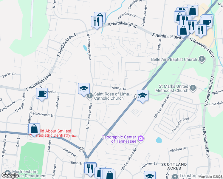 map of restaurants, bars, coffee shops, grocery stores, and more near 1311 Wenlon Drive in Murfreesboro