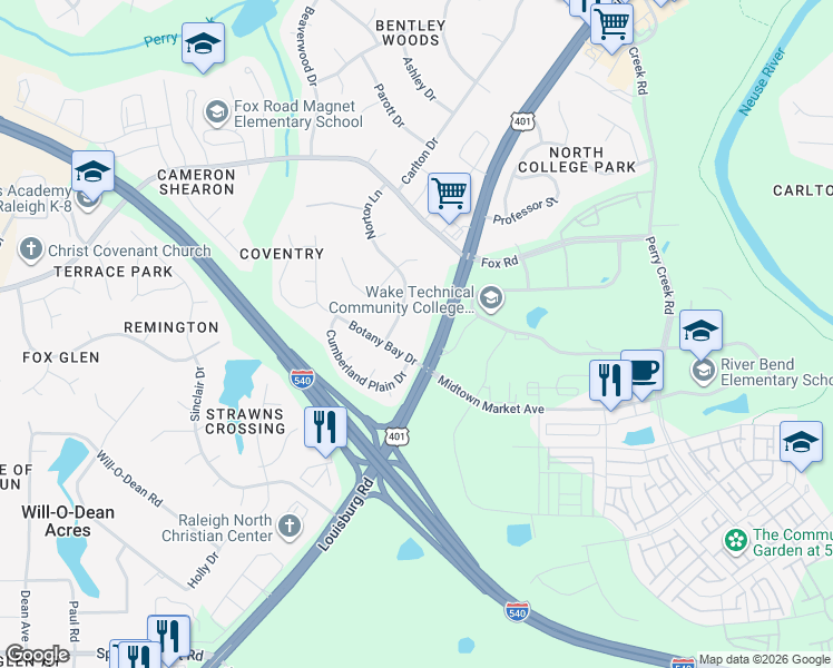 map of restaurants, bars, coffee shops, grocery stores, and more near 6916 Norton Lane in Raleigh