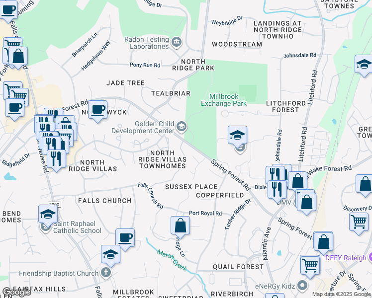 map of restaurants, bars, coffee shops, grocery stores, and more near 6040 Sentinel Drive in Raleigh