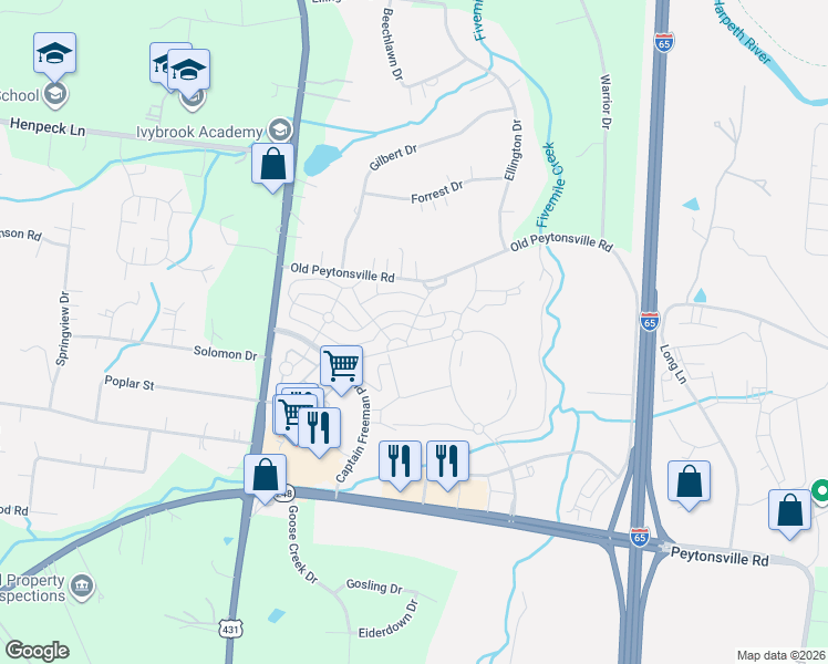 map of restaurants, bars, coffee shops, grocery stores, and more near 2019 General Martin Lane in Franklin