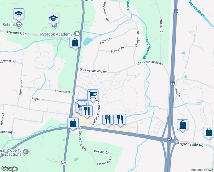 map of restaurants, bars, coffee shops, grocery stores, and more near 2019 General Martin Lane in Franklin