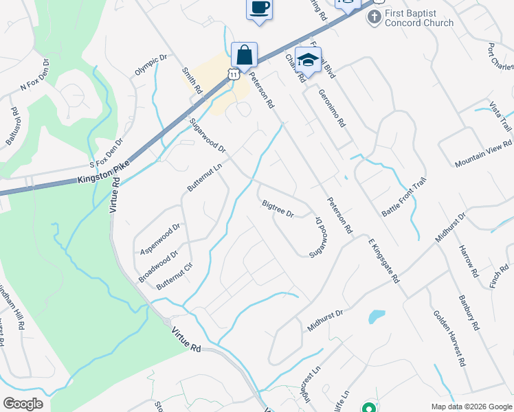 map of restaurants, bars, coffee shops, grocery stores, and more near 305 Bigtree Drive in Knoxville