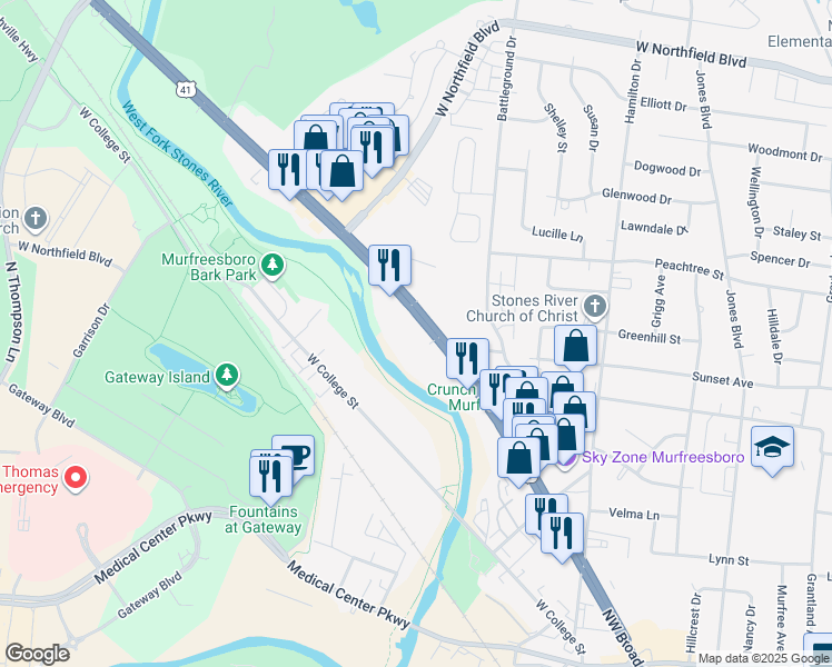 map of restaurants, bars, coffee shops, grocery stores, and more near 1407-1441 Murfreesboro Road in Murfreesboro