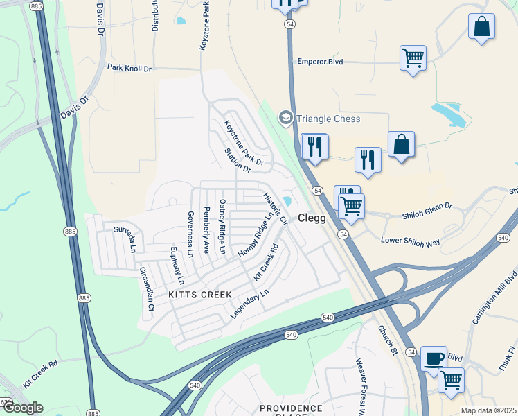 map of restaurants, bars, coffee shops, grocery stores, and more near 1029 Semora Lane in Morrisville