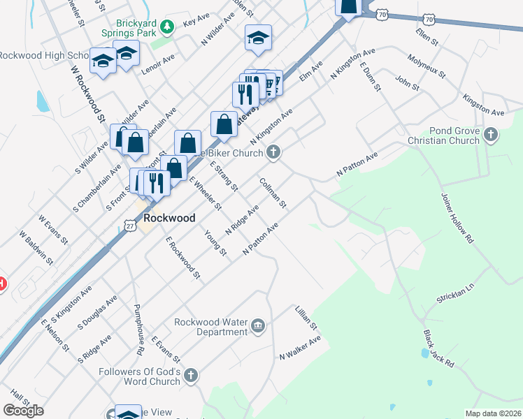 map of restaurants, bars, coffee shops, grocery stores, and more near 302 North Ridge Avenue in Rockwood