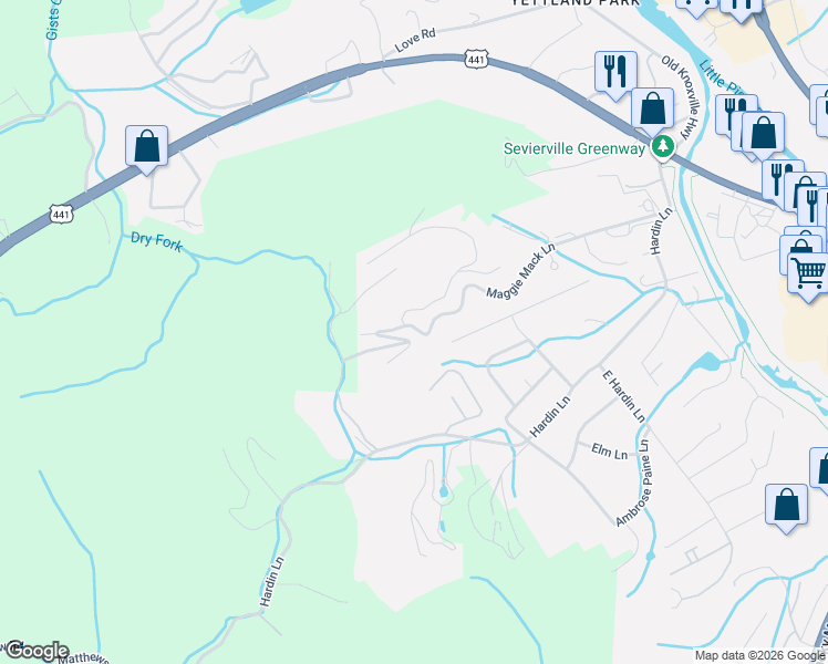 map of restaurants, bars, coffee shops, grocery stores, and more near 432 Maggie Mack Lane in Sevierville