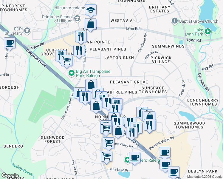 map of restaurants, bars, coffee shops, grocery stores, and more near 6402 Rosny Road in Raleigh