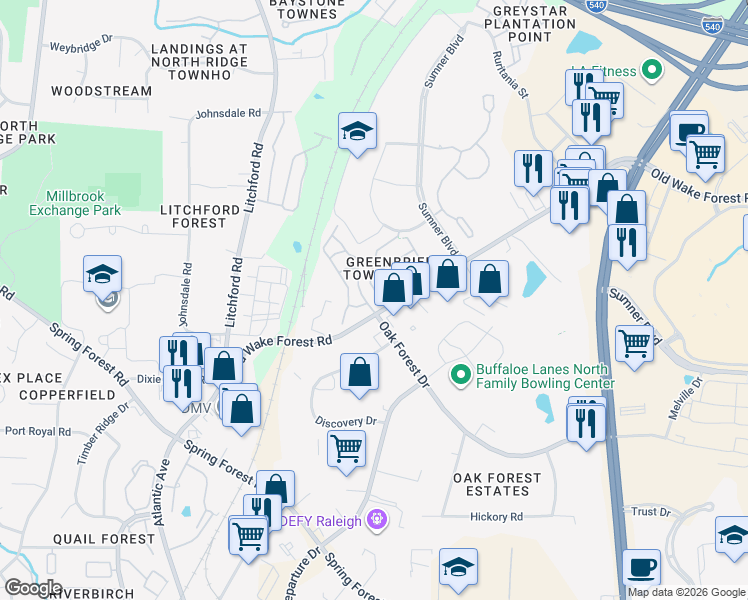 map of restaurants, bars, coffee shops, grocery stores, and more near 3012 Berkeley Springs Place in Raleigh