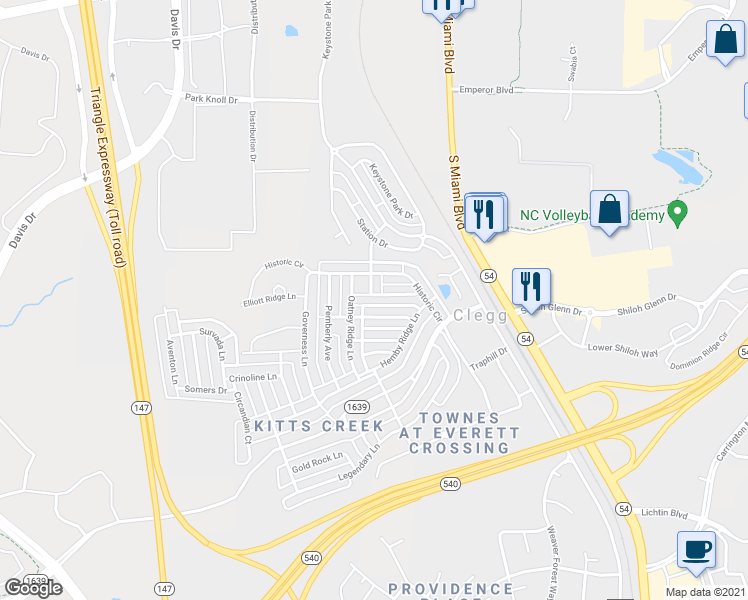 map of restaurants, bars, coffee shops, grocery stores, and more near 1089 Semora Lane in Morrisville
