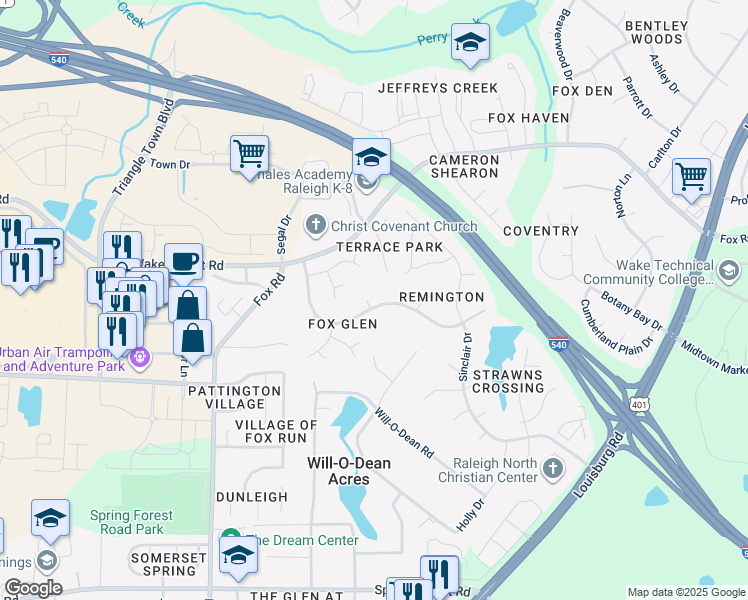 map of restaurants, bars, coffee shops, grocery stores, and more near 6200 Grey Coat Court in Raleigh