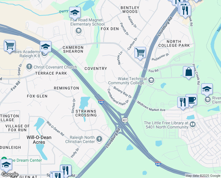 map of restaurants, bars, coffee shops, grocery stores, and more near 5209 Cumberland Plain Drive in Raleigh
