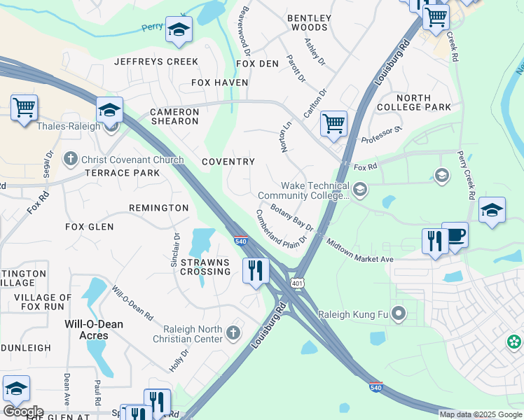 map of restaurants, bars, coffee shops, grocery stores, and more near 5209 Cumberland Plain Drive in Raleigh