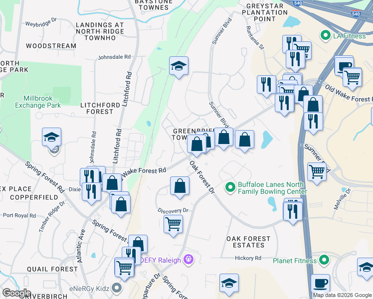 map of restaurants, bars, coffee shops, grocery stores, and more near 3012 Berkeley Springs Place in Raleigh