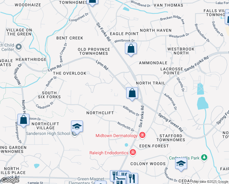 map of restaurants, bars, coffee shops, grocery stores, and more near 6111 Lynnridge Lane in Raleigh