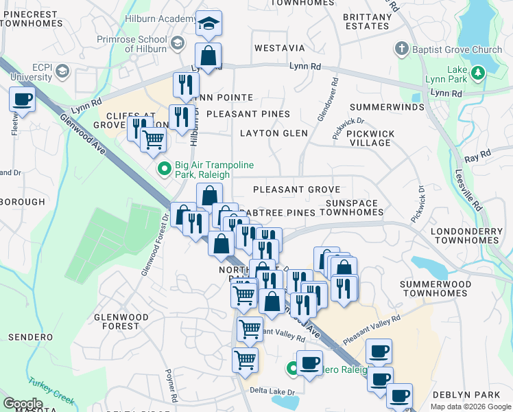 map of restaurants, bars, coffee shops, grocery stores, and more near 6402 Rosny Road in Raleigh