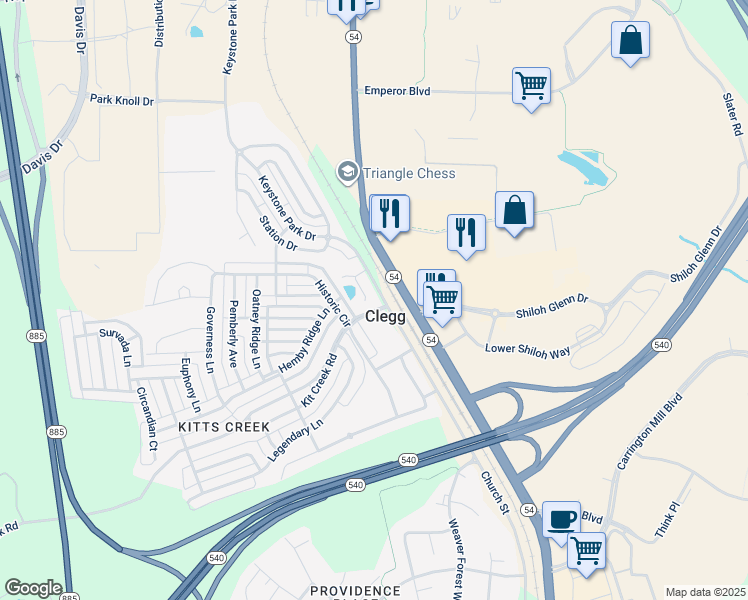 map of restaurants, bars, coffee shops, grocery stores, and more near 1025 Brennan Green Court in Morrisville