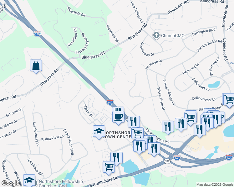 map of restaurants, bars, coffee shops, grocery stores, and more near 1814 Falling Waters Road in Knoxville