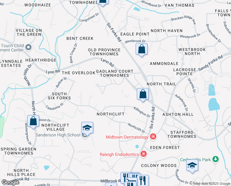 map of restaurants, bars, coffee shops, grocery stores, and more near 101 Ridgewood Drive in Raleigh