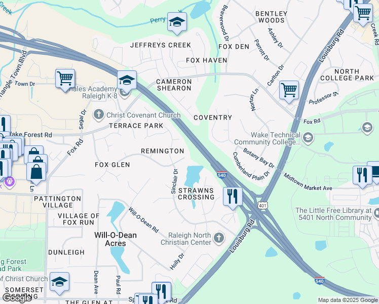 map of restaurants, bars, coffee shops, grocery stores, and more near 5021 Bivens Drive in Raleigh